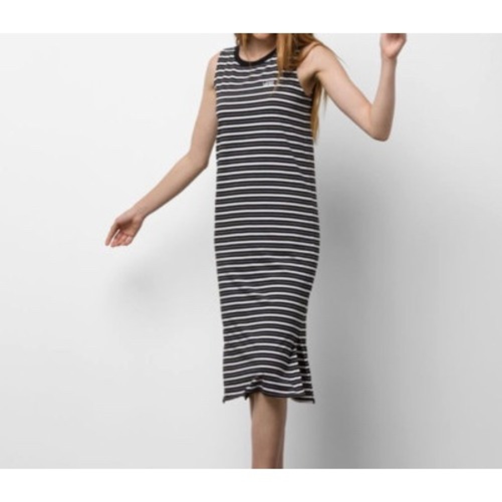Vans Womens Black White Striped Sleeveless Midi Column Dress Large Side Slit